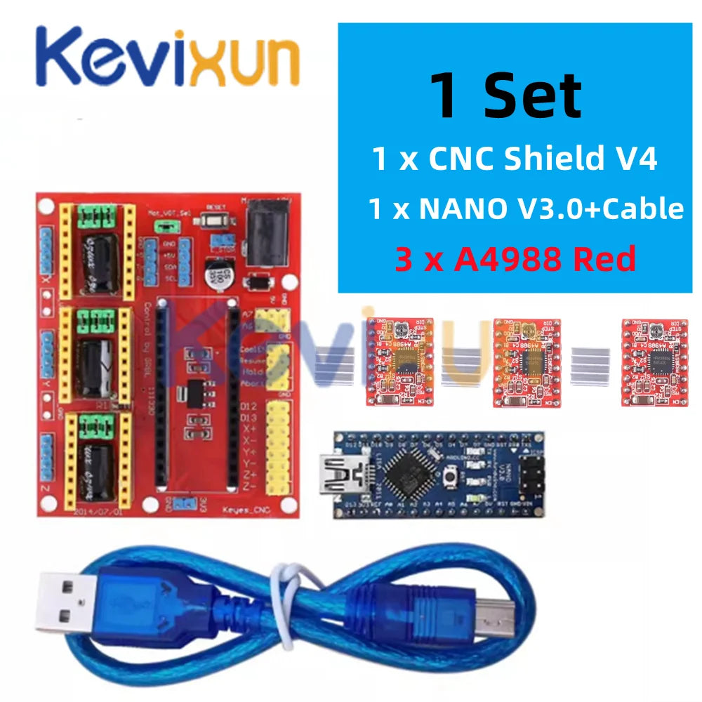 1SET 3DV4 CNC Shield V4 + Nano 3.0 + 3pcs DRV8825 or A4988 Reprap Stepper Drivers Set For Arduino