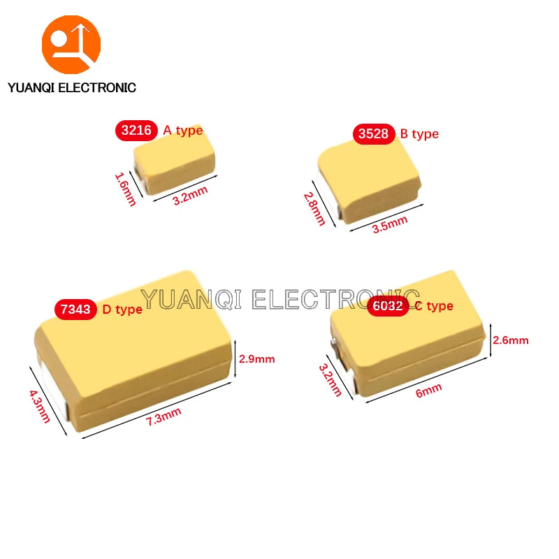 10pcs A B C D Type Tantalum Capacitor 100UF 0.22UF 1UF 4.7UF 10UF 22UF 33UF 47UF 220UF 330UF 470UF 6.3V 10V 16V 25V 35V 50V