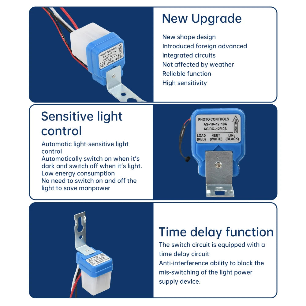 AS-10 Automatic On Off Photocell Street Light Switch 10A 12V 24V 110V 220V 50-60HZ Waterproof Photo Control Lamp Sensor Switch