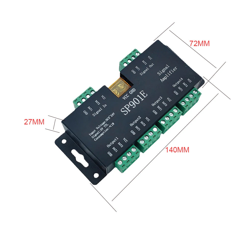 SP901E SPI Signal Amplifier Repeater for WS2812B WS2811 WS2813 RGB Addressable LED Pixel Strip Programmable Matrix Panel Light