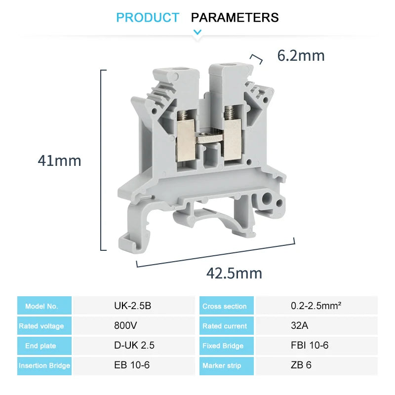 UK2.5B Six Color UK 2.5 mm² Universal Screw Din Rail Terminal Block Feed-through Strip Plug Wire Electrical Connector UK 2.5B