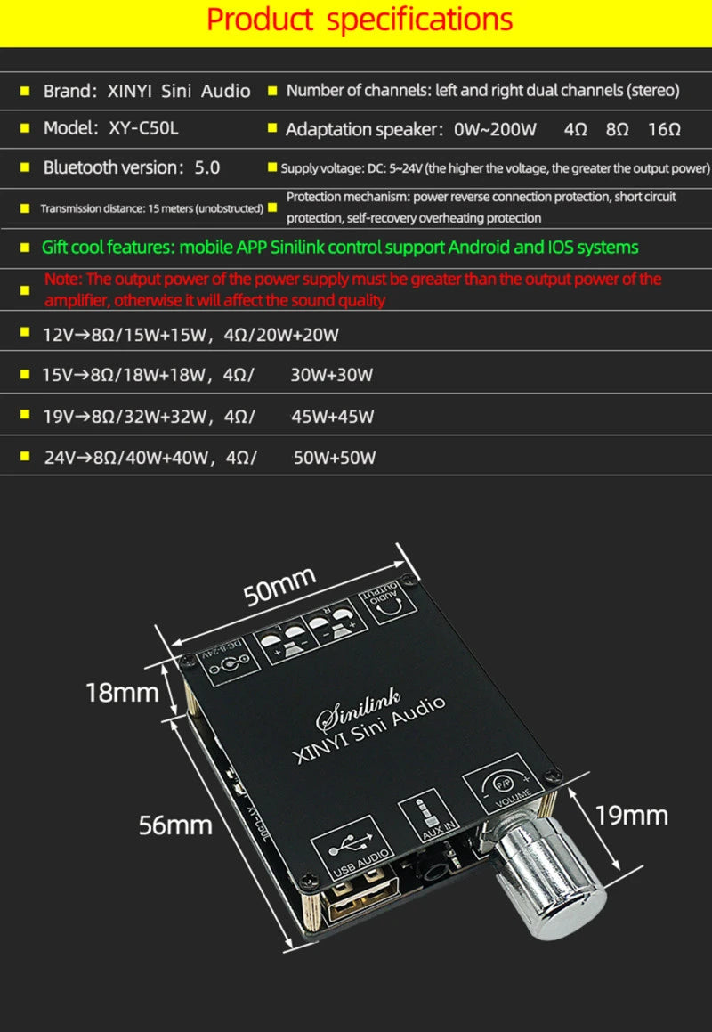 XINYI Sini Audio C50L/C100L Stereo Bluetooth Digital Power Amplifier Board 50W Dual Channel 360 Degree Stepless Tuning AMPModule