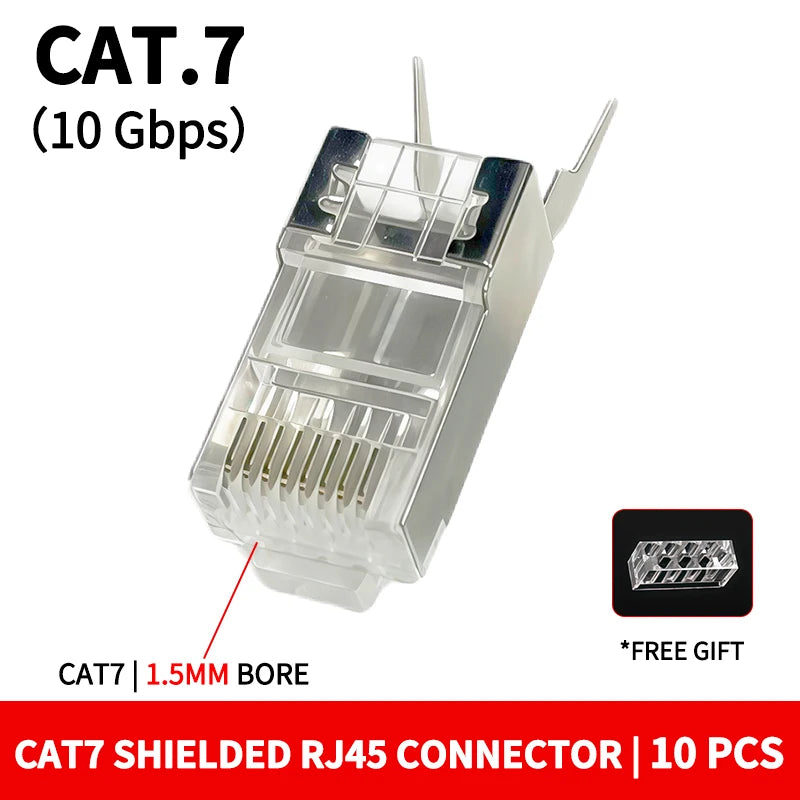 10PCS RJ45 Cat7 Shielded Plug, Two-Piece Pass Through Connector with Metal Shell and Gold-Plated Contacts for 10Gbps Ethernet