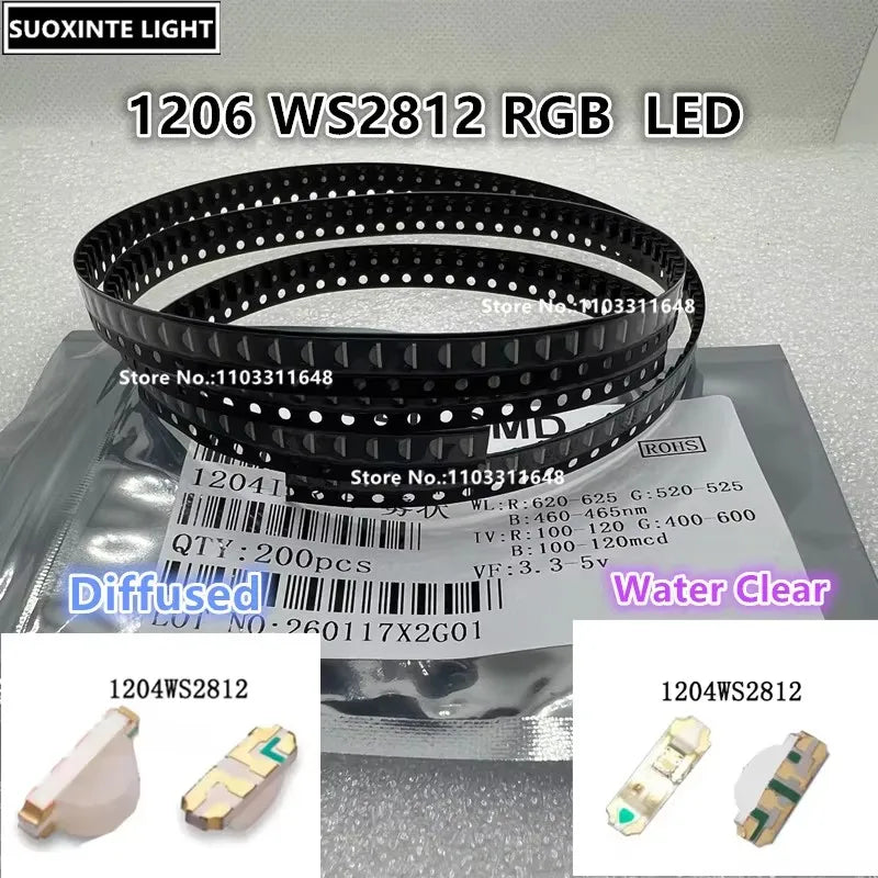 1206 WS2812 Side RGB SMD LED Built-in IC,Water Clear/Diffused,1204 5V Full Color Lamp Beads 3.2*1.0MM