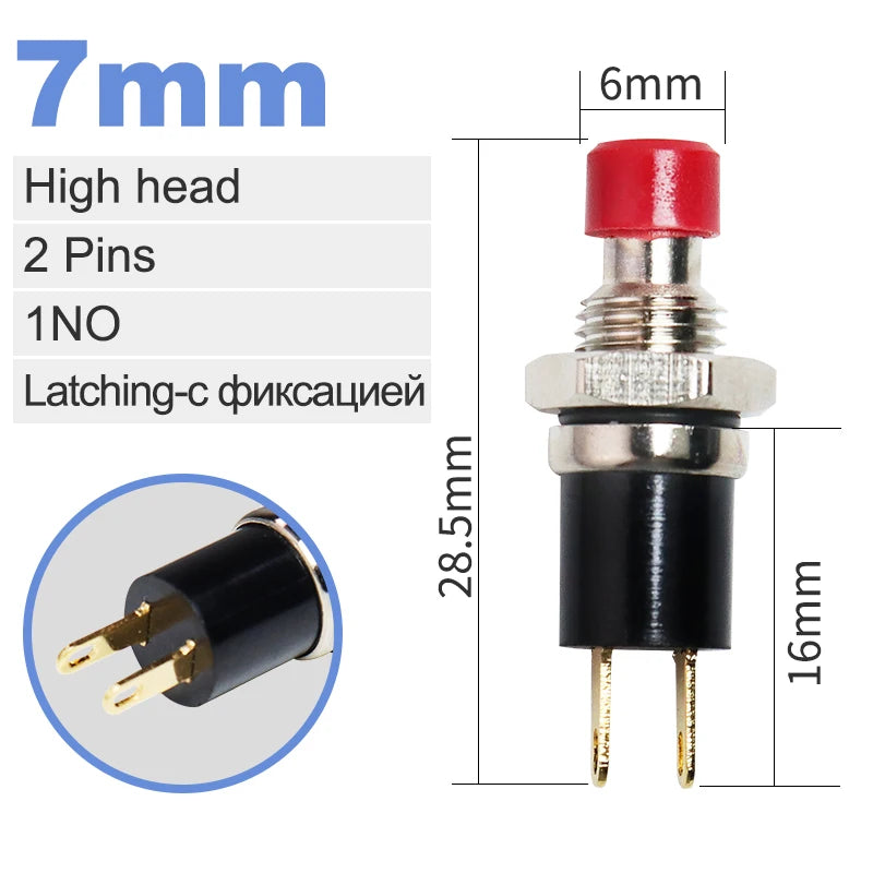 5mm 7mm 10mm Mini Push Button Switch Latching Self Reset Red High Head Small Buttons Switches 2 pins 1NO 1NC 3A/125V 1A/250V