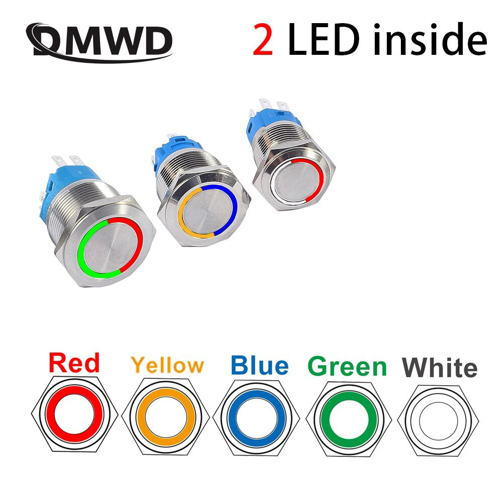 16mm 19mm 22mm double colors LED Metal Push Button Switch Waterproof Lamp Doorbell Car Momentary Latching 12V 24V without socket