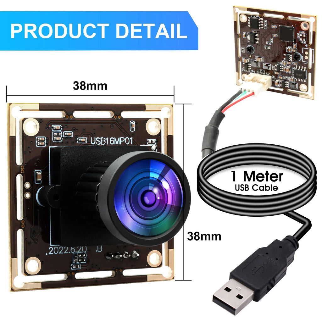 ELP 16MP USB Camera Module Wide Angle PC Webcam with Micro Distortion Lens IMX298 Industrial Lightburn Camera for Raspberry Pi