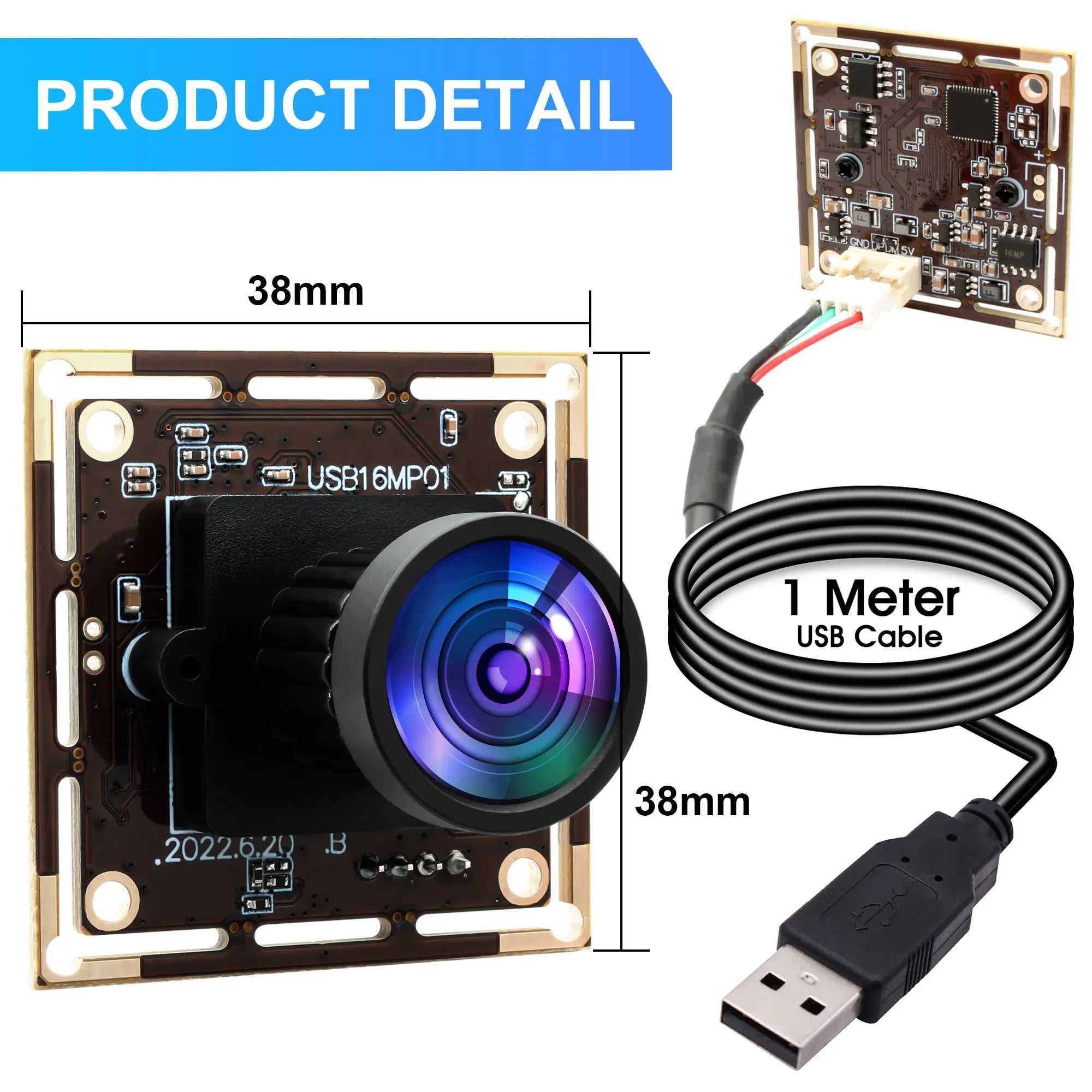 ELP 16MP USB Camera Module Wide Angle PC Webcam with Micro Distortion Lens IMX298 Industrial Lightburn Camera for Raspberry Pi