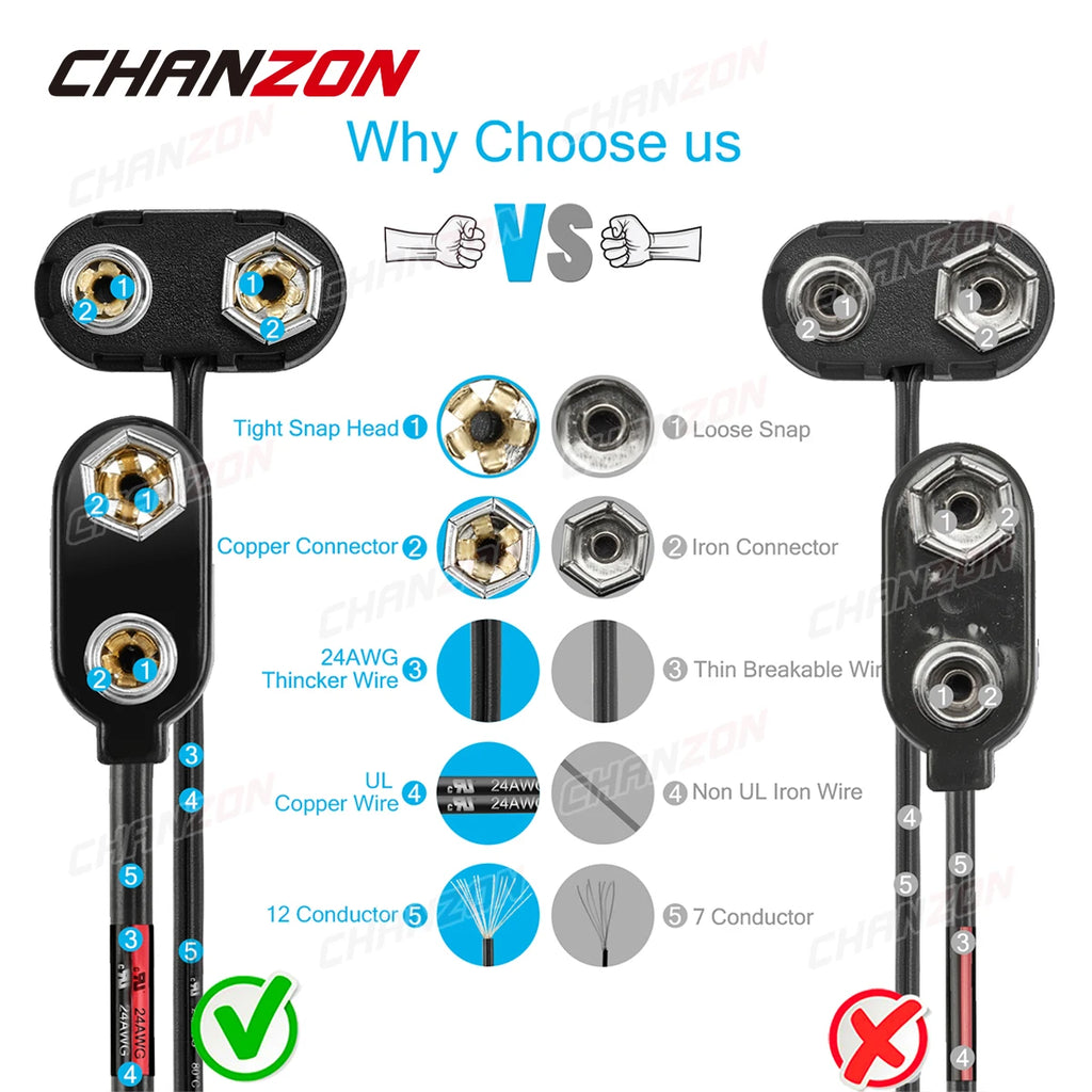 9V Battery Connector Power Clips DC Jack Male Female Alligator Snap Adapter Wire Holder Cable 9 Volt Lead Socket Plug Barrel
