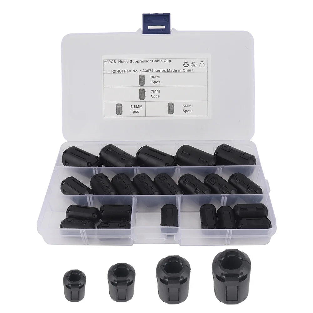22Pcs Clip On Ferrite 3.5mm/5mm/7mm/9mm Cable Connector Clamp Anti-Jamming Toroidal Clip-on Clamp RFI EMI Noise Magnetic Filter