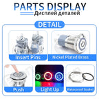 15A 16/19/22/25mm Waterproof Metal Push Button Switch LED Light Momentary Latching Car Engine Power Switch 3~220V silver1NO