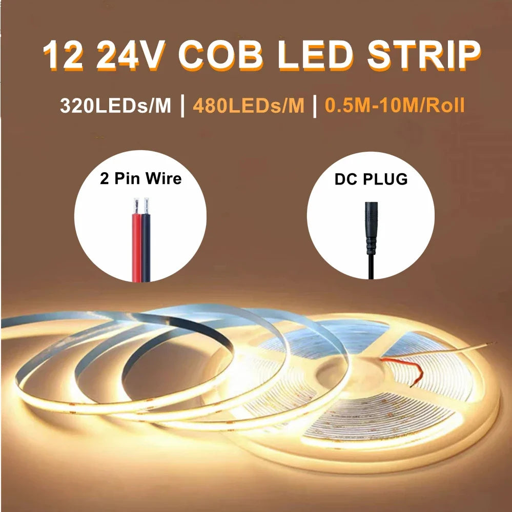 5M 10M Per Roll COB LED Strip DC12V 24V 8mm LED Lights for Room Bedroom TV Decor High Density Soft Flexible Neon Tape Light Lamp
