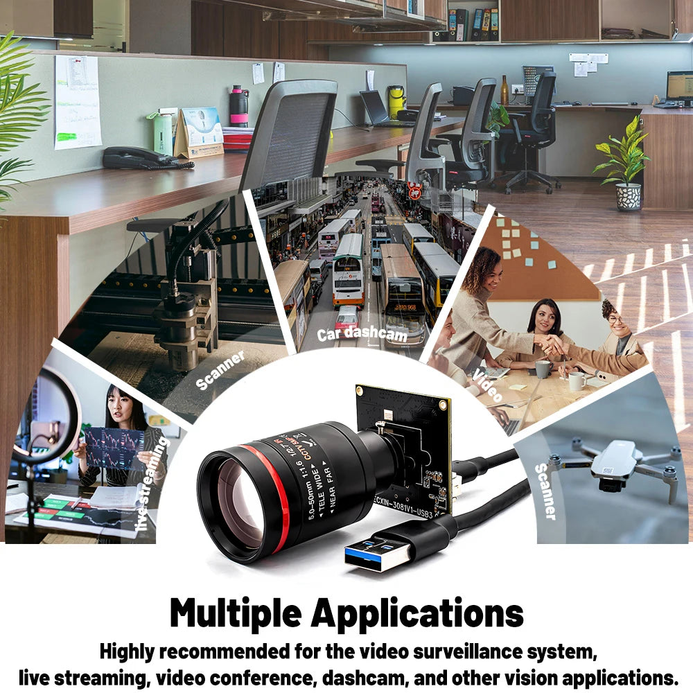 Global Shutter USB3.0 Camera 2.3MP 120FPS Plug And Play M12 Varifocal Lens 10X Zoom Video Camera for Machine Vision Live Stream