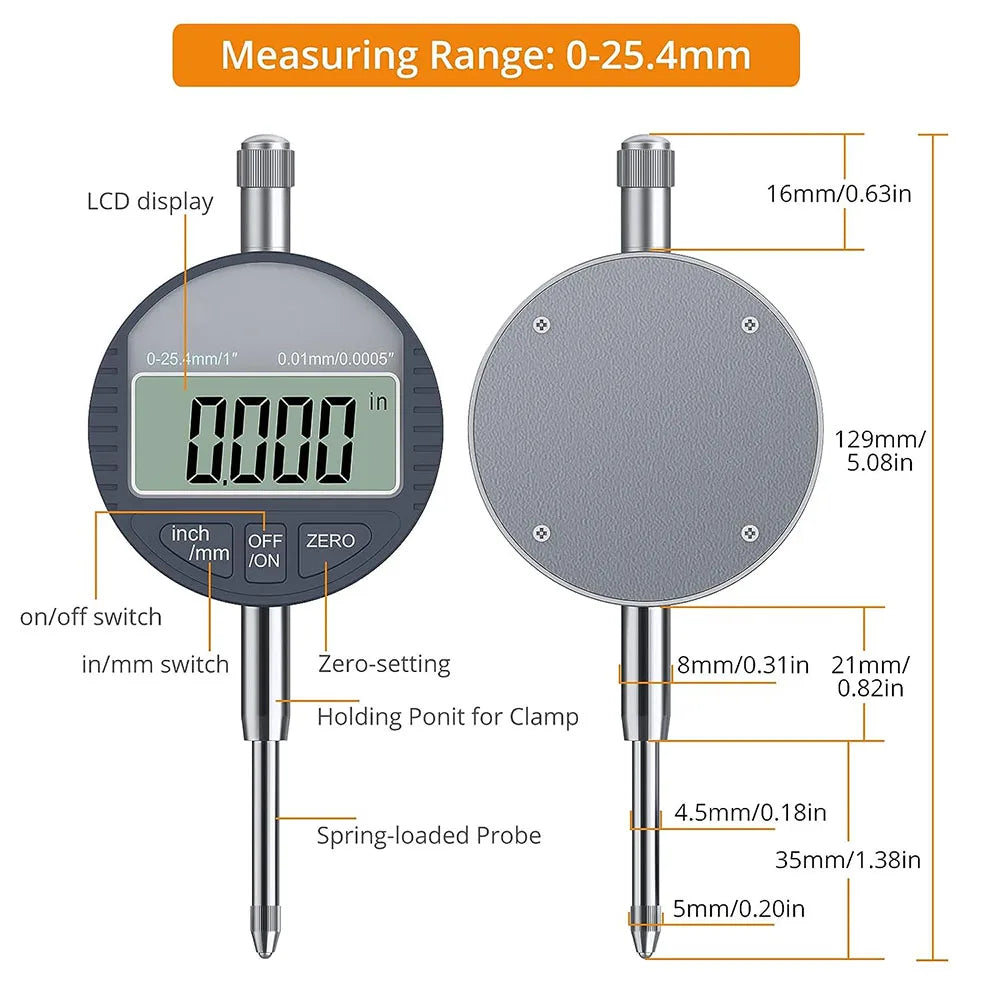 0-12.7mm/0.5' 0-25.4mm/1' Range Gauge Digital Dial Indicator Precision Tool 0.01mm/0.005' 0.001mm/0.0005' Tester Tools