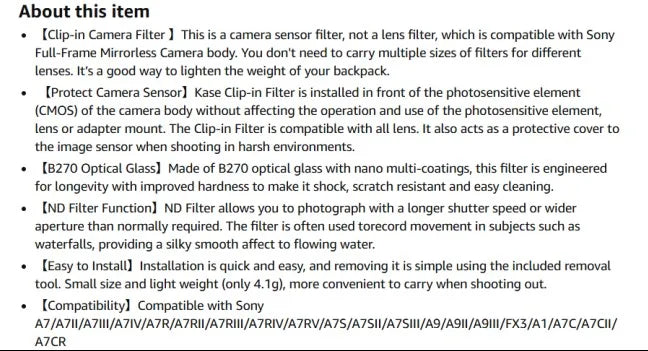 Kase Clip-in ND1000 ND Filter Compatible Sony A7 A7R A7S A9 FX3 A1 A7CR Built-in Neutral Density Filter No Vignetting