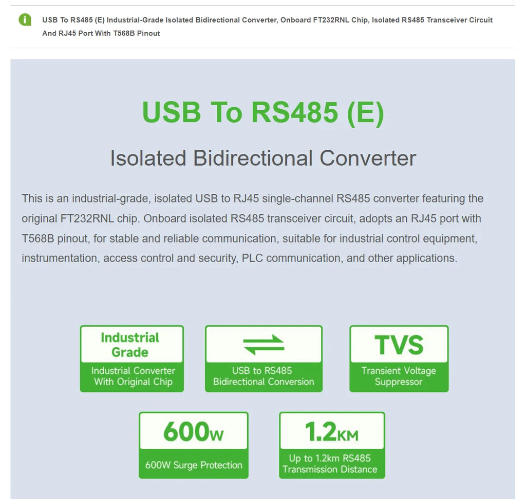 Waveshare USB RS485 E Converter, FT232RNL Isolated Bidirectional Adapter with RJ45 T568B Industrial Interface