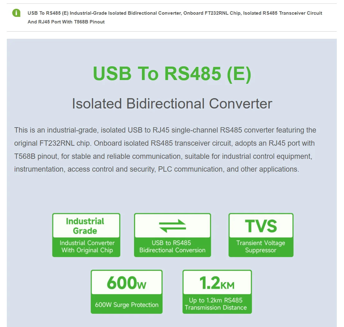 Waveshare USB RS485 E Converter, FT232RNL Isolated Bidirectional Adapter with RJ45 T568B Industrial Interface
