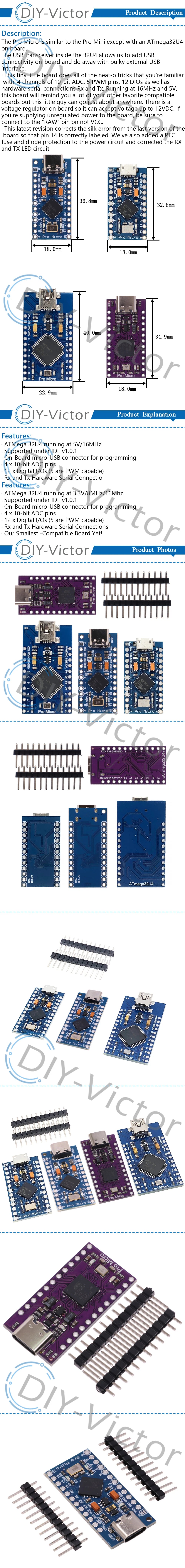 New Pro Micro 3.3V 8Mhz For Arduino ATmega32U4 5V/16MHz Module With 2 Row Pin Header For Leonardo