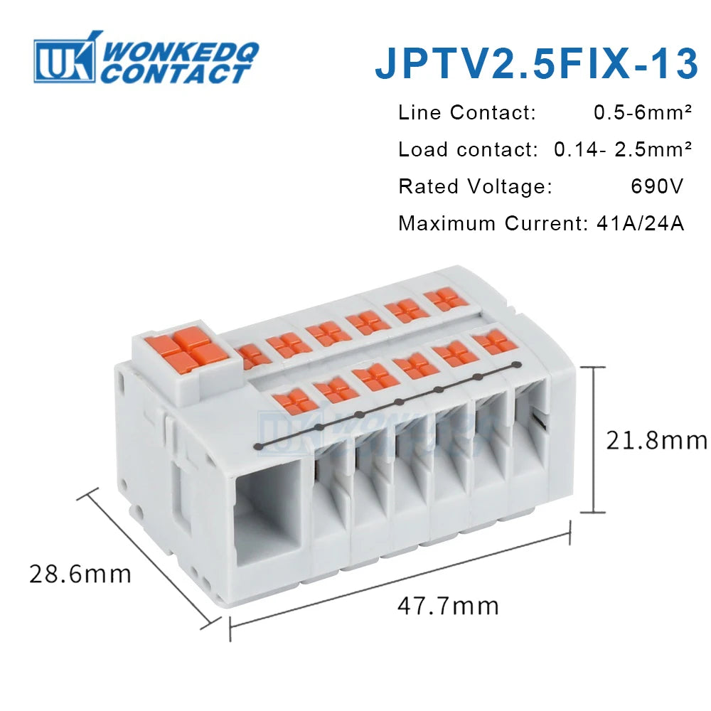 Din Rail Distribution Block PTVFIX Series Push-in Side-entry Terminal Block 2.5 mm² Cable Connector 6/7/12/13/18/19 Connections