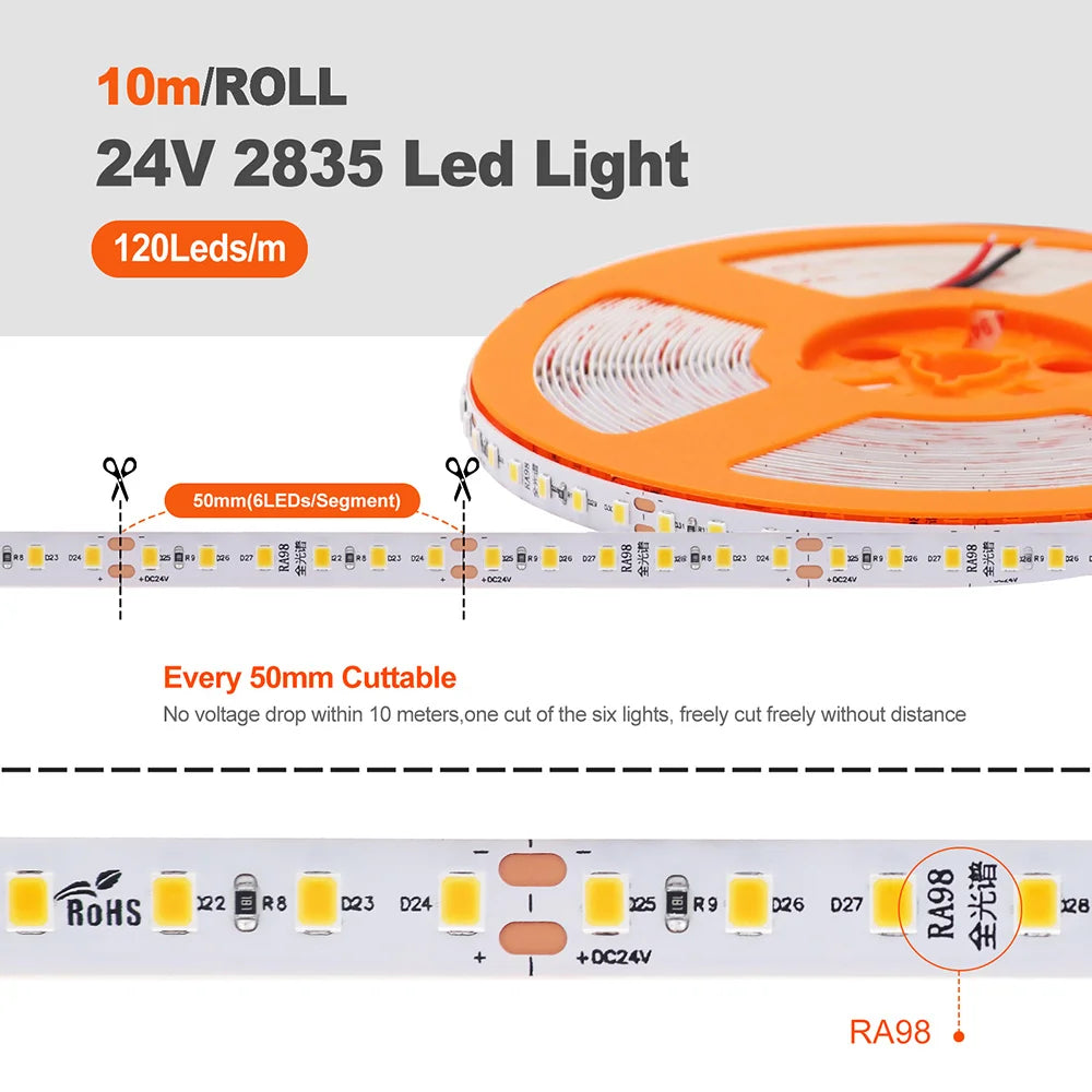 5mm 8mm Led Strip Light RA98 10mm PCB 2700K 3000K 3500K 4000K 5000K 6000K 5m 10m 24V 2835 120 240 LEDs Flexible Tape Lighting