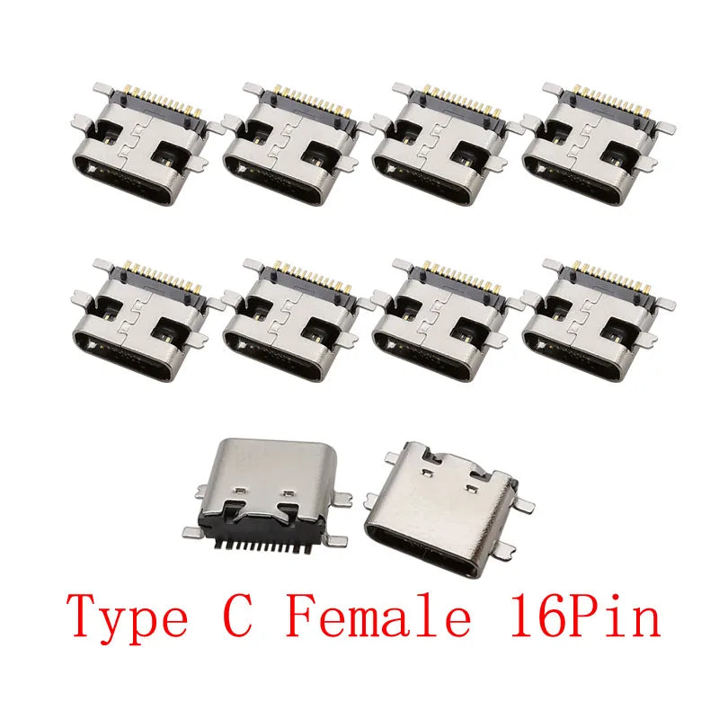 10Pcs USB Connector Type C Female Charging Port Jack 2/6/16 Pin Type-C Socket PCB Soldering SMD SMT DIY Repair Type C Adapter