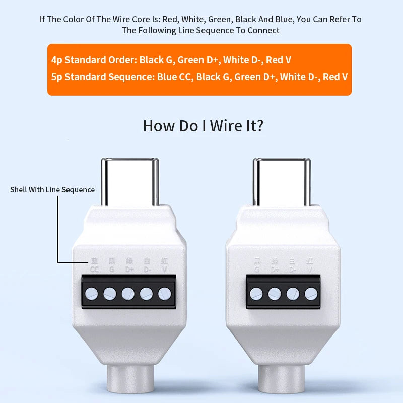 USB Solderless Plug 4Pin 5Pin Connector 66W Super Fast Charging Cable Type C Solderless Small Plug USB C Data Cable Connector
