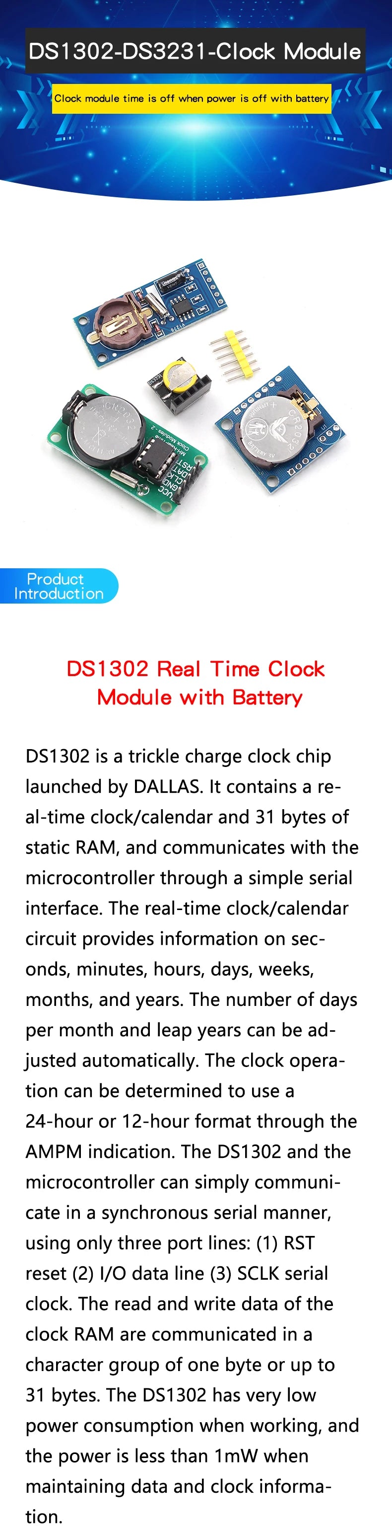 DS1302/3231/1307 PCF8563 real-time clock module time power-off storage timing module