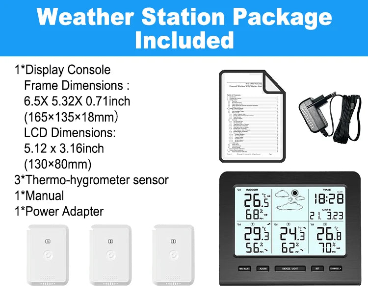 3 Sensors Weather Station with 100m Wireless Transmission Backlight LCD Alarm Clock  for Indoor/Outdoor Temp Humidity Monitor