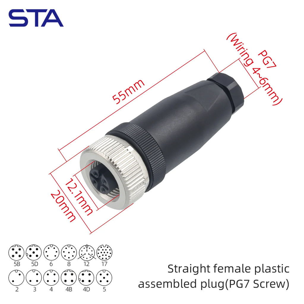 M12 Screw Termination Plastic Field Plug NMEA2000 5 Pin Straight Angled IP67 Waterproof 3 4 6 8 Poles Sensor Connectors PG7 PG9
