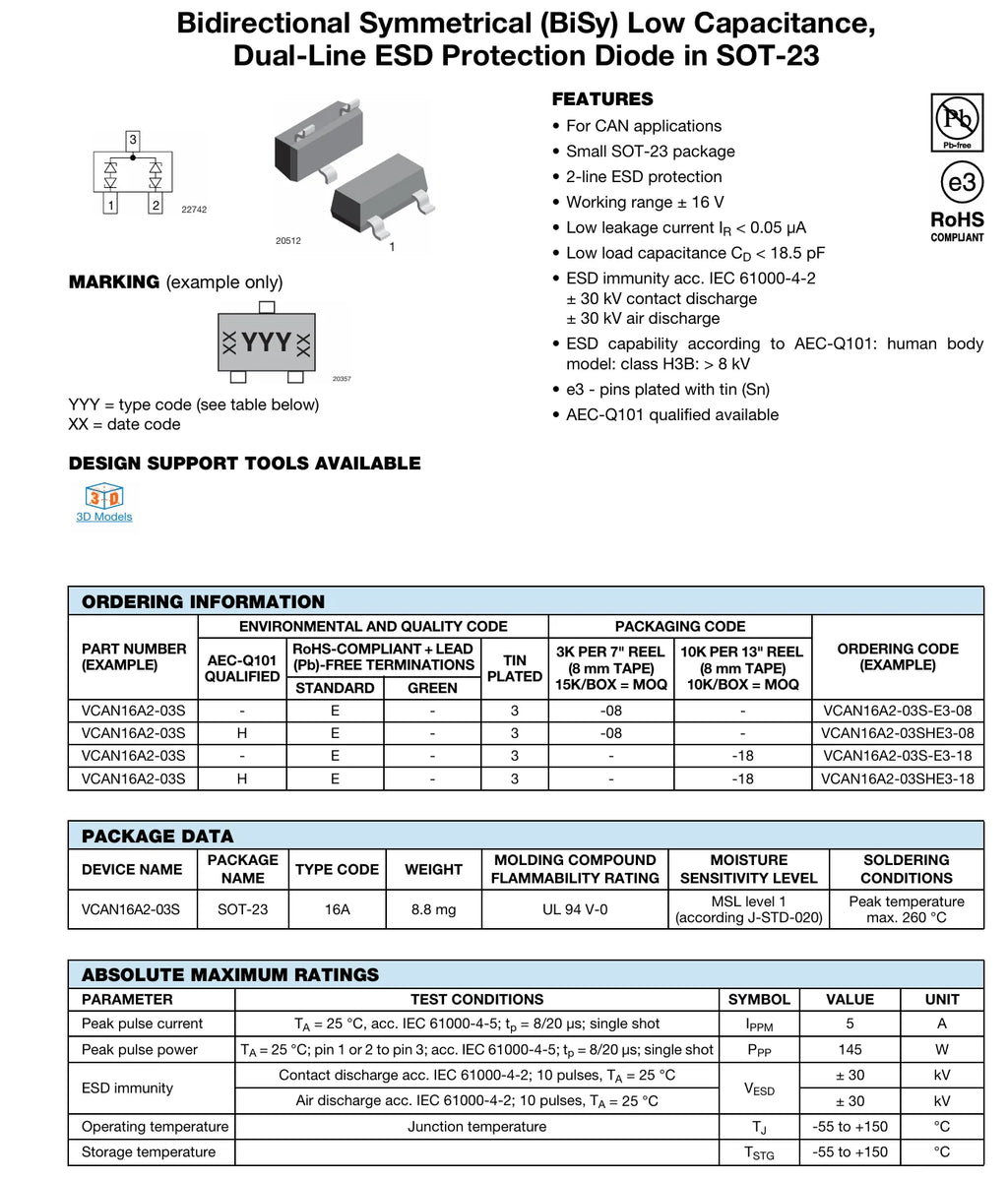 20PCS VCAN16A2-03SHE3-08 Marking 16A SOT-23 TO-236 16VRWM 28VC 145W Bidirectional NEW Original Dual-Line ESD Protection Diodes