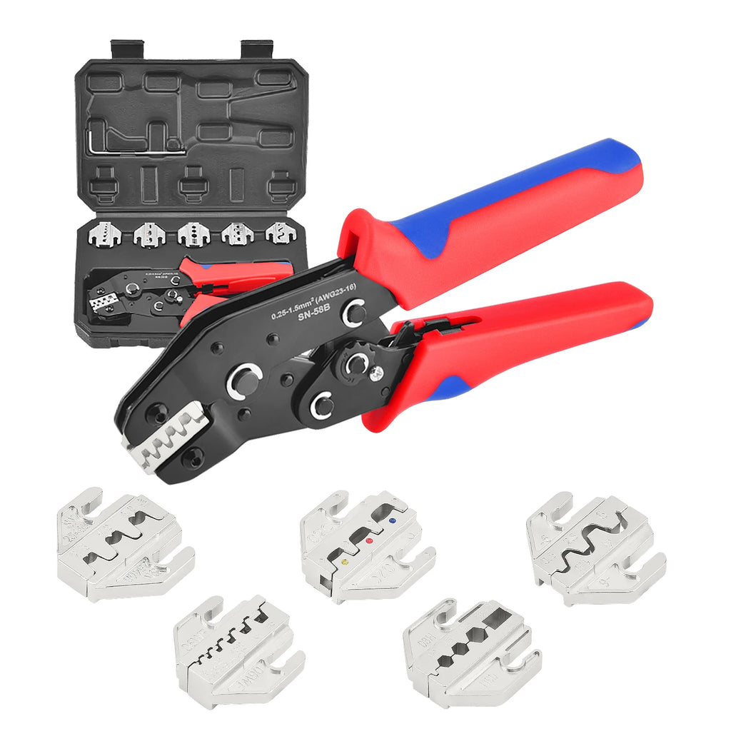 SN-58B Crimping Tool Plier Kit With 5 Replaceable Jaws for Dupont JST Terminals,Non-Insulated Ferrule,Butt,Solar&Coax Connectors