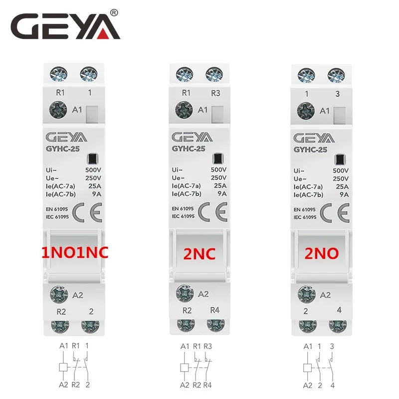 GEYA Din Rail Mounted Household Modular AC Contactor for Smart Home/Hotel - AC220V, 2P, 16A/20A/25A, 2NC/2NO/1NO1NC, 50/60Hz