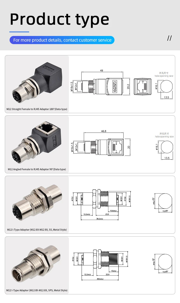 Industrial M12 Waterproof Connector 8-Pin Core to RJ45 X-Coded Straight Angled Socket for Networking And Electronics