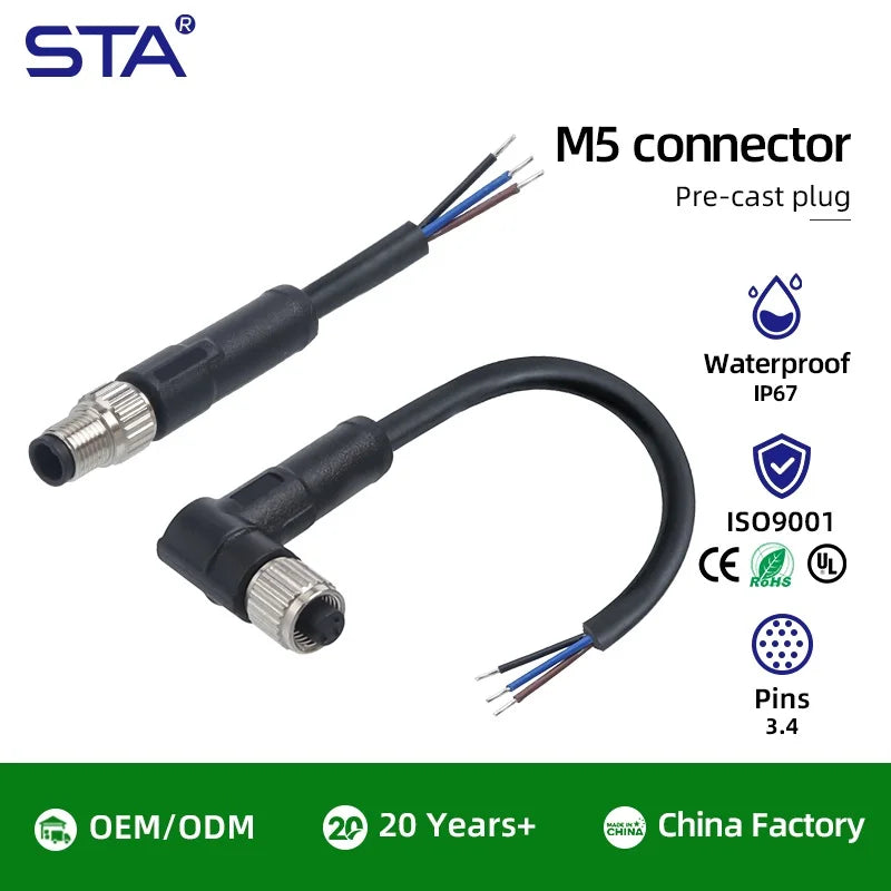 M5 IP67 Sensor Aviation Plug 3 4 Pin Male/female Cable PVC 1M Straight/Angled Waterproof Molded Connector