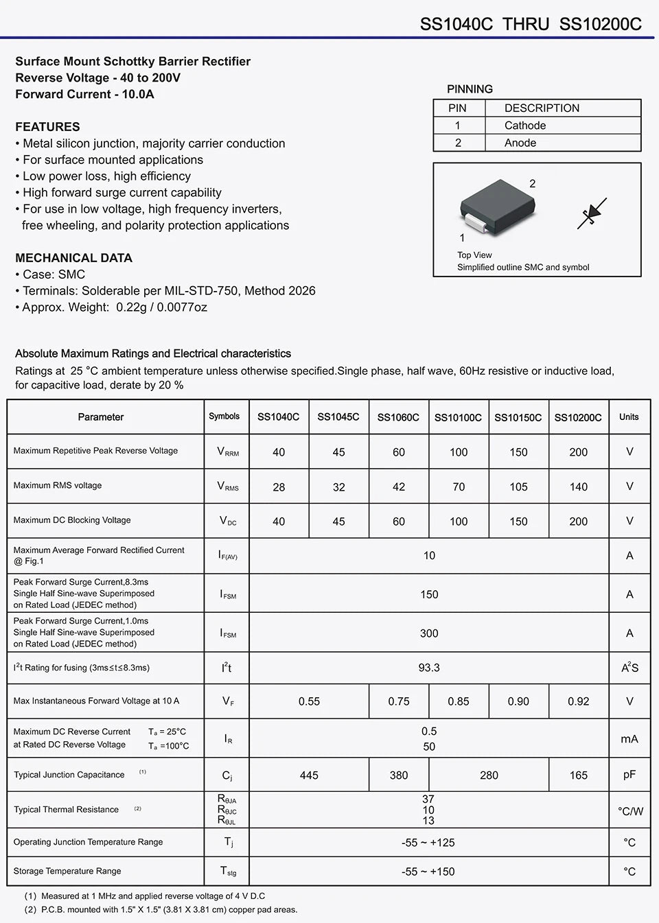 20pcs/Set SS10100 SS1060 SS10200 10A 60V 100V 200V Chip Schottky Barrier Rectifier Diodes SMC DO-214AB New and Original