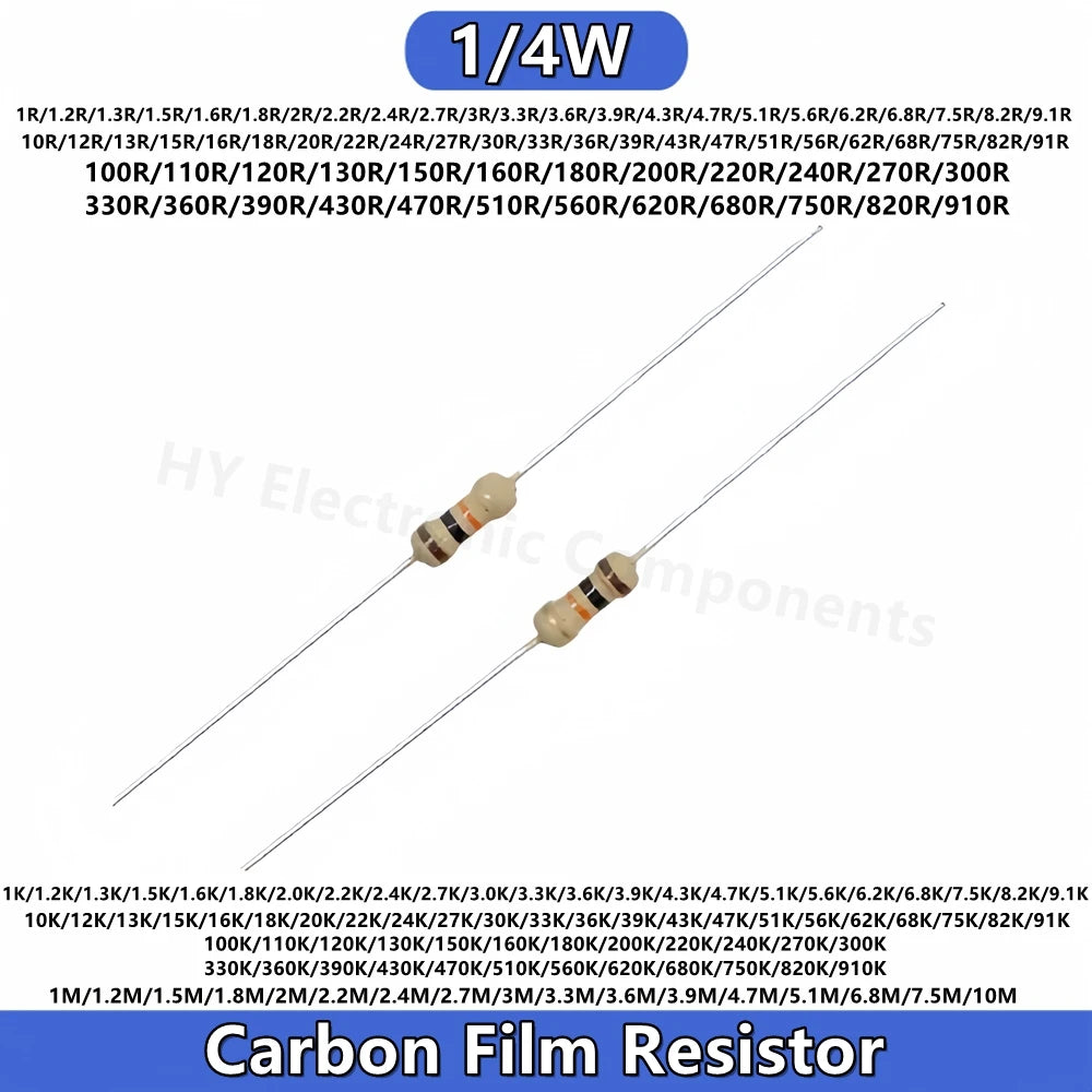 1000PCS 1/4W Carbon Film Resistor 5% 1R 1M 10R 100R 220R 330R 1K 2.2K 3.3K 4.7 6.8K 9.1 10K 22K 47K 100K 100 220 330 470 910 Ohm
