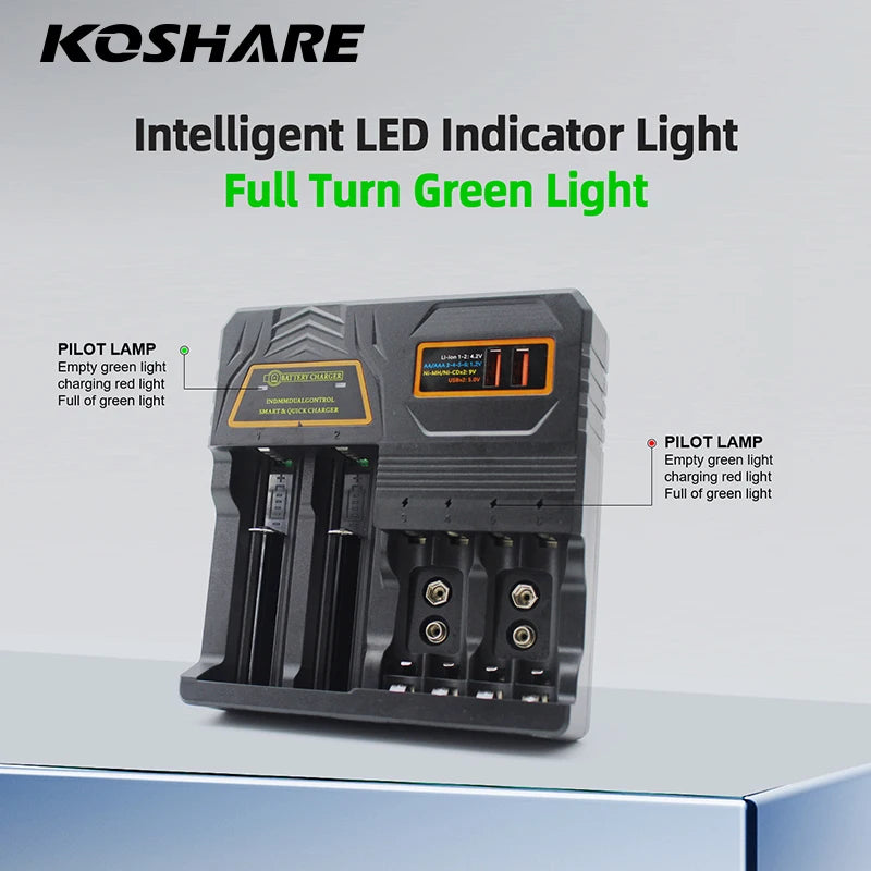 KOSHARE Smart Battery Charger for Rechargeable Ni-MH Ni-CD AA AAA 9V Batteries 18650/16340/26650 14500/21700 Lithium-ion Battery