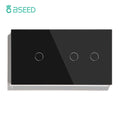 BSEED Touch Switches 1/2/3Gang 1Way Wall Light Switches Blue LED Backlight Glass Sensor Screen Home Switches Black EU Standard