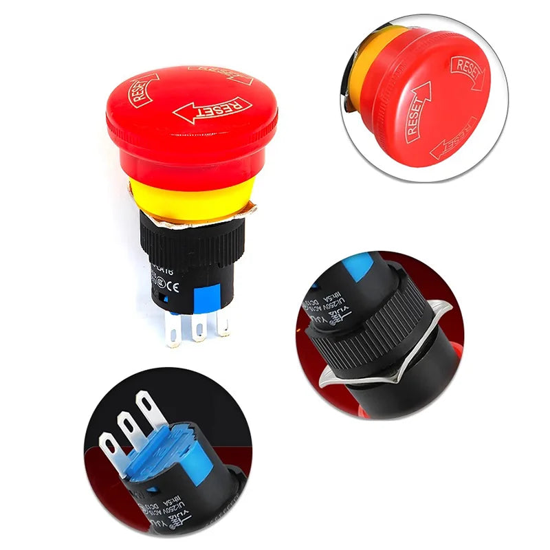 5/20PCS 16mm Mounting Holes Latching Emergency Stop Push Button Switch Bia/Small Head YJ-LA16-11ZS-A Mushroom Stop E-Stop Switch