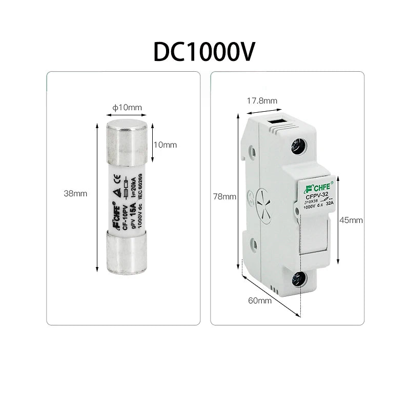 DC1000V/1500V DC Fuse Plug-in Photovoltaic DC Fuse 3A 10A 15A 20A 30A Fuse Holder for Solar Combiner Box