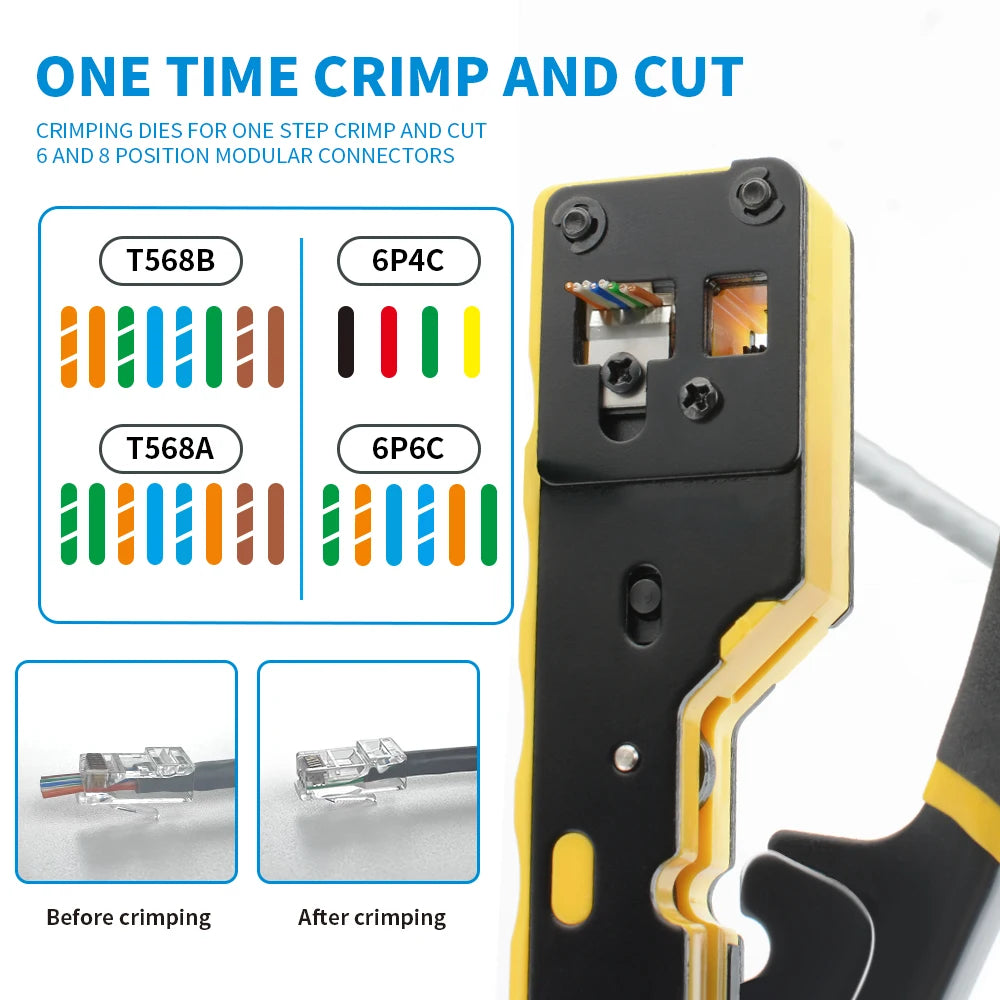 Pass Through RJ45 Cat6 Crimping Tool, 8P8C Crimper for CAT6A/CAT6/CAT5E (STP/UTP)， 3-in-1 Crimp/Cut/Strip
