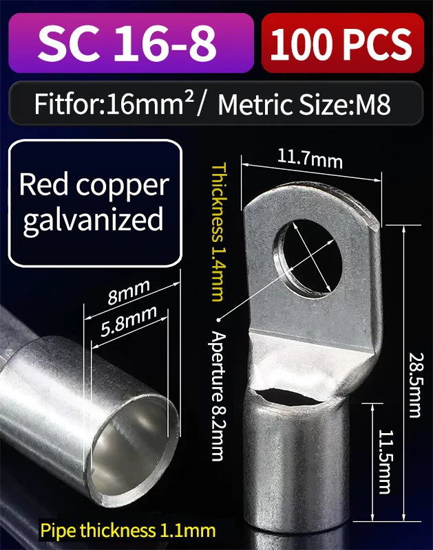 100pcs Copper Lug Ring Wire Connector Cable lug Electric lugs Terminal SC6-5 SC6-6 SC6-8 SC10-6 SC10-8 SC16-6 SC16-8 SC25-6