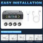 TPMS Solar/USB Charging Digital LCD Display Universal Smart Car TPMS Tyre Pressure Monitoring System 4 Or 6 Sensors Auto Security Alarm Smart Temperature Tire Air Pressure Gauge