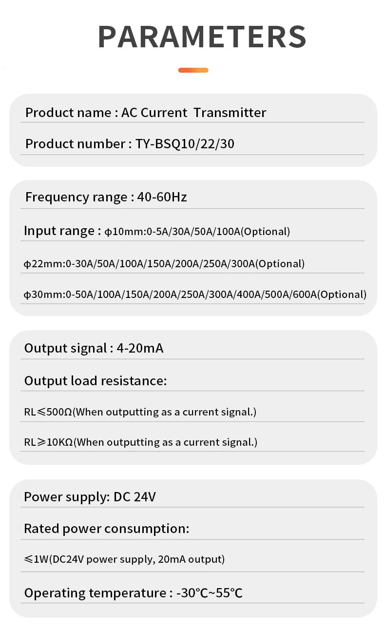 Hall DC Current Sensor Transmitter Output 4-20mA Power Supply 24VDC 0-150A Input 10mm 22mm 30mm Hole Current Transformer