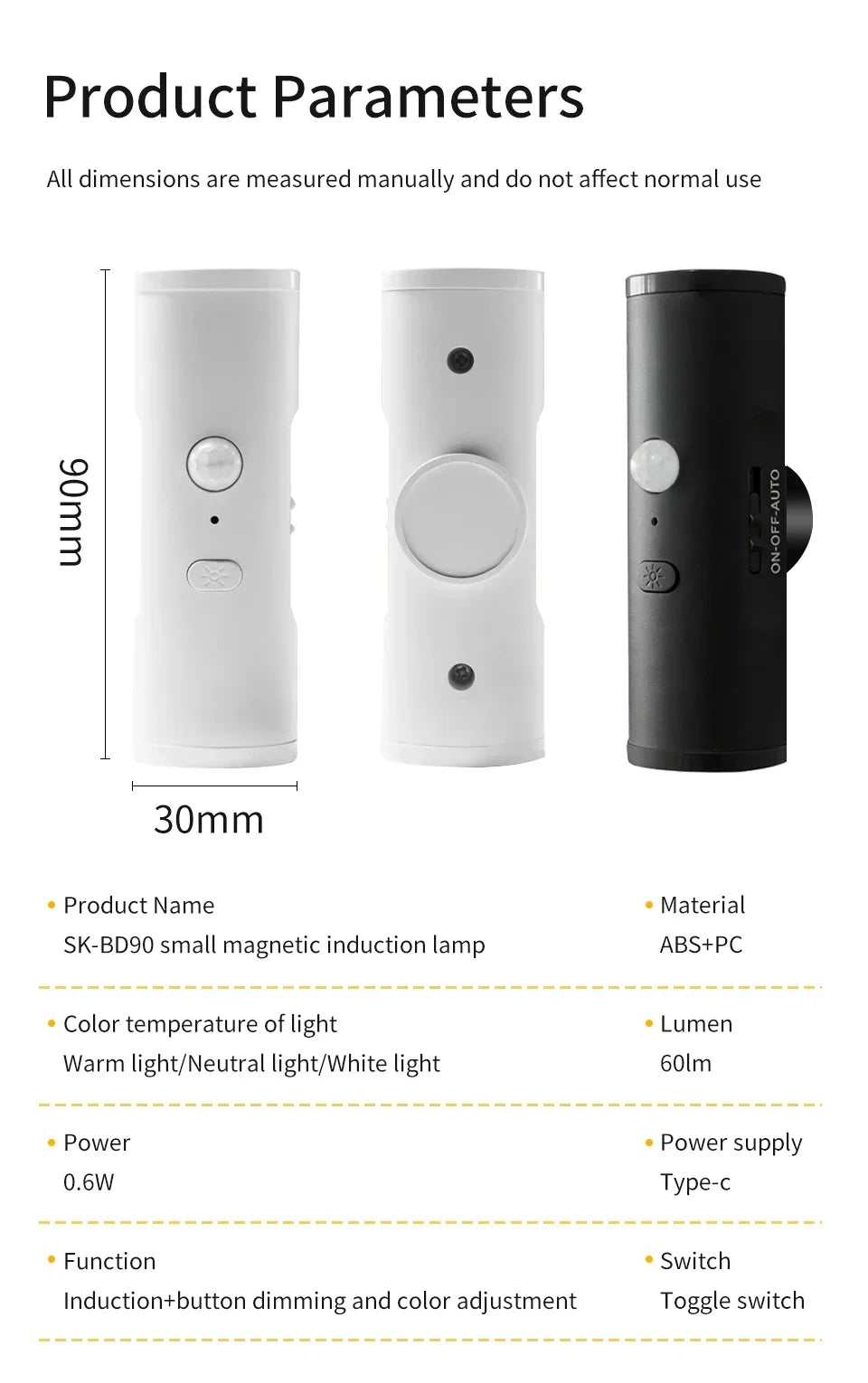 Rechargeable Motion Sensor LED Night Light Double Head Magnetic 3 Color Wall Lamp USB Charging for Closet Stairs Hallway Kitchen