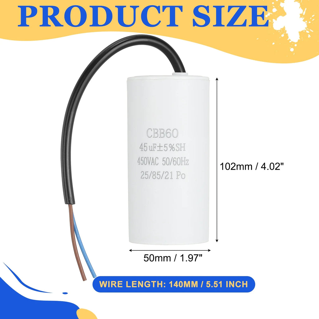 1Pcs CBB60 Run Capacitor 3uf-100uf 450V AC 2 Wires 50/60Hz Cylinder White for Air Compressor Water Pump Motor