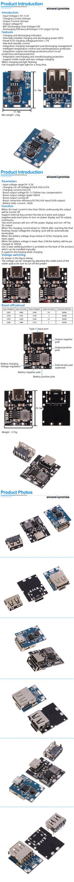 Type-C / Micro USB 5V 1A 2A Boost Converter Lithium Battery Step-Up Power Module Mobile Power Bank With Protection LED Indicator