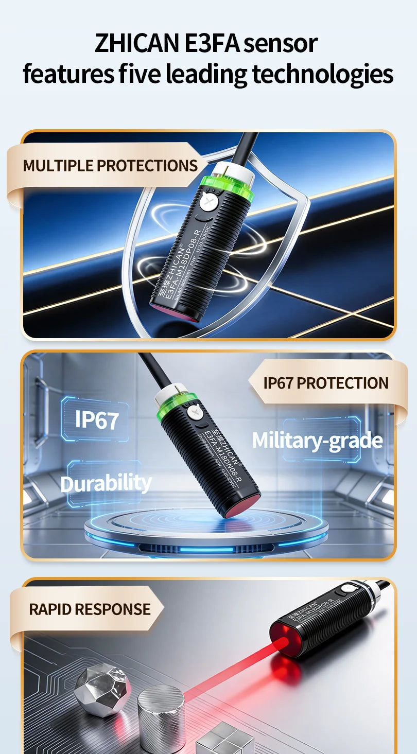 ZHICAN E3FA M18 Cylindrical Photoelectric Sensor Long Range Diffuse Reflective Through Beam Retro Reflective NPN PNP
