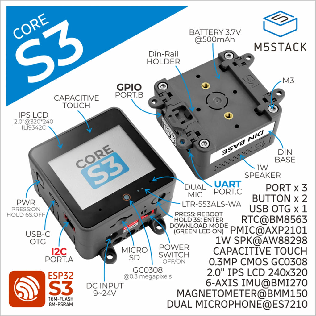 M5Stack CoreS3 ESP32S3 loT Development Kit for DIY & Smart Control