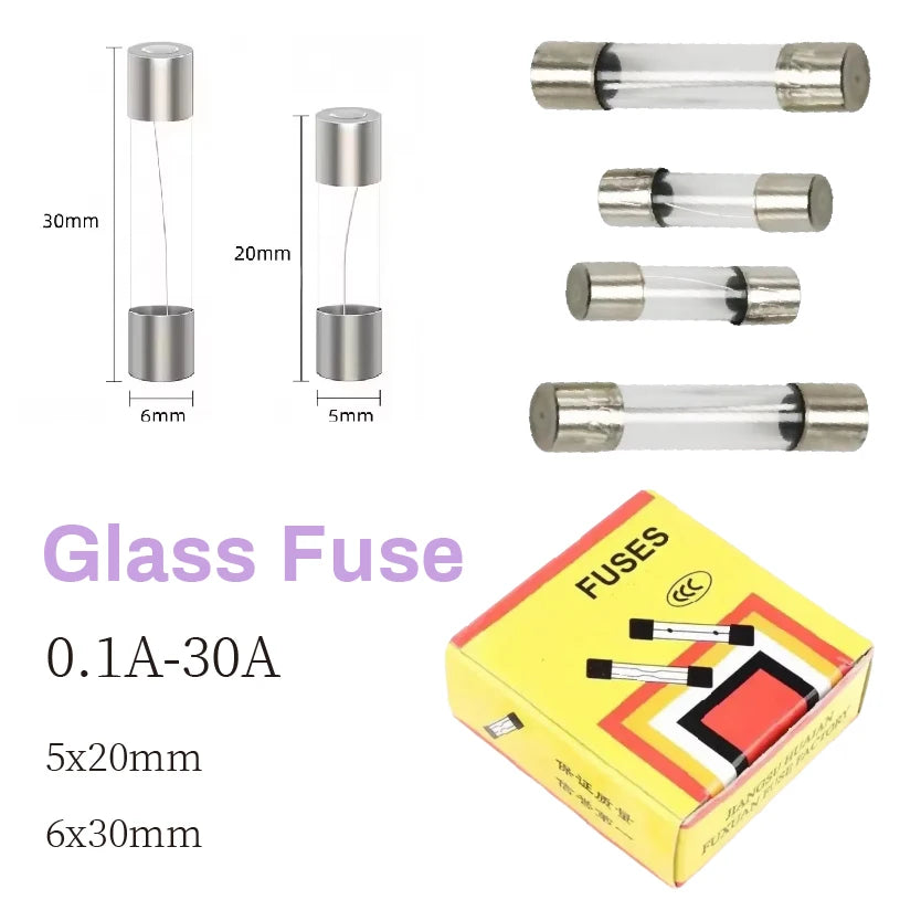 Fast Glass Fuse 250V 0.1A -30A Quick Blow 5x20MM 6x30MM